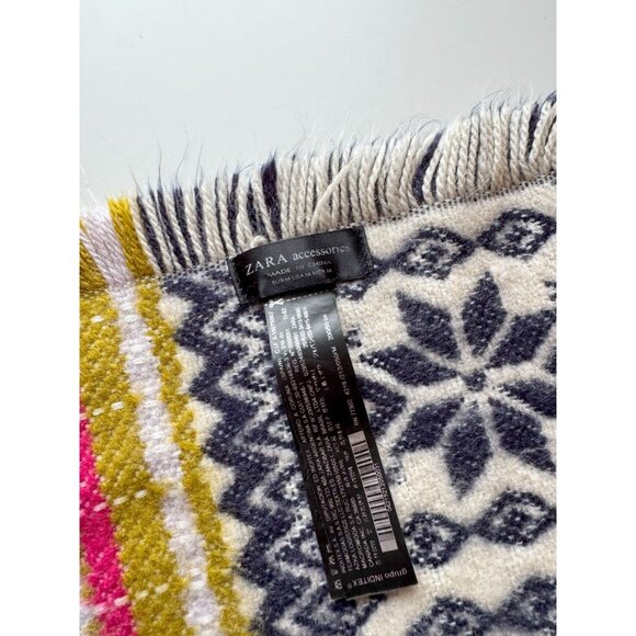 ZARA Multicolor Striped Snowflake Acrylic Knit Large Rectangle Blanket Scarf - Picture 6 of 9